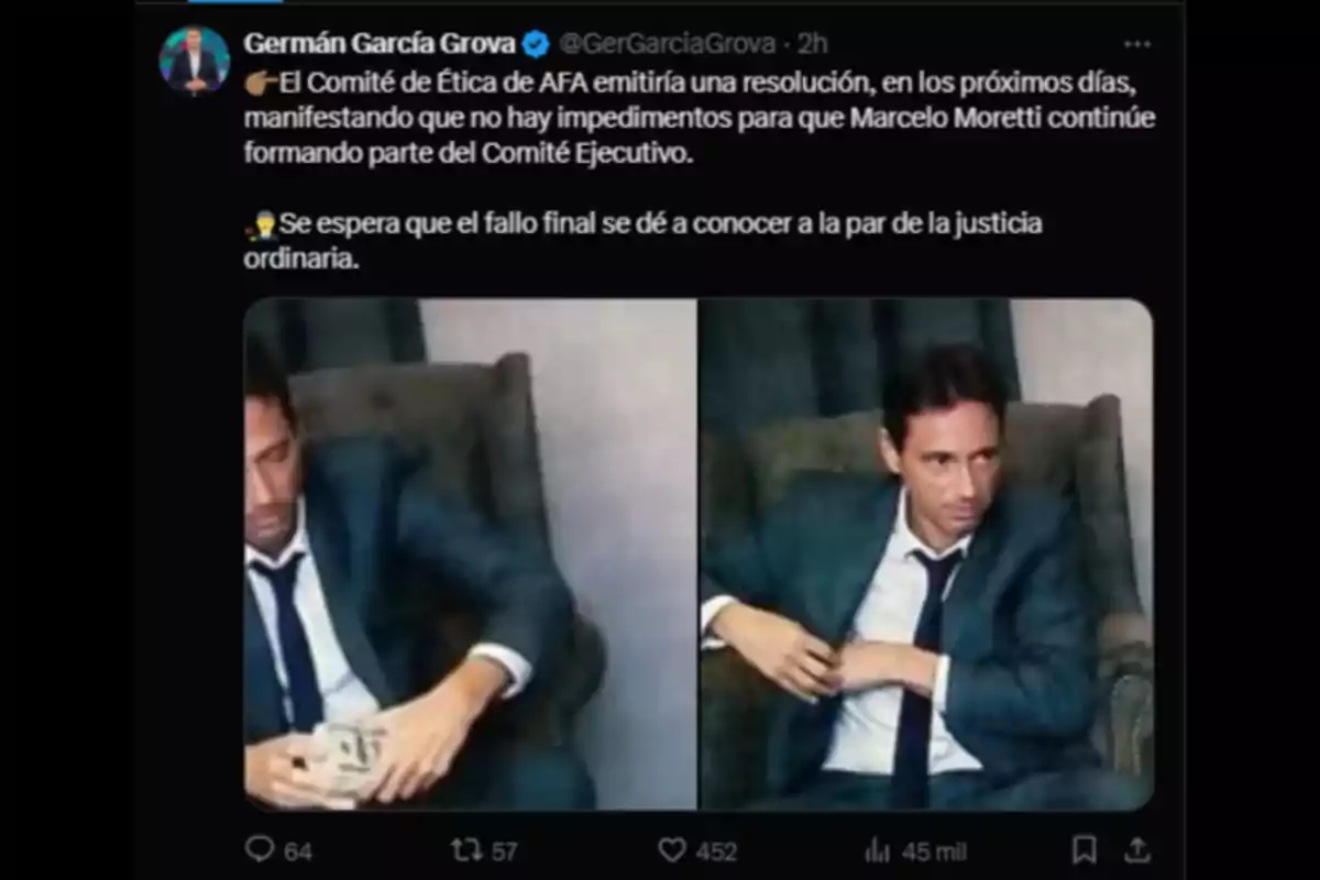 Hombre con traje azul sentado en un sillón contando billetes en una imagen y mirando hacia un costado en la otra, acompañado de un tuit sobre una resolución del Comité de Ética de la AFA.