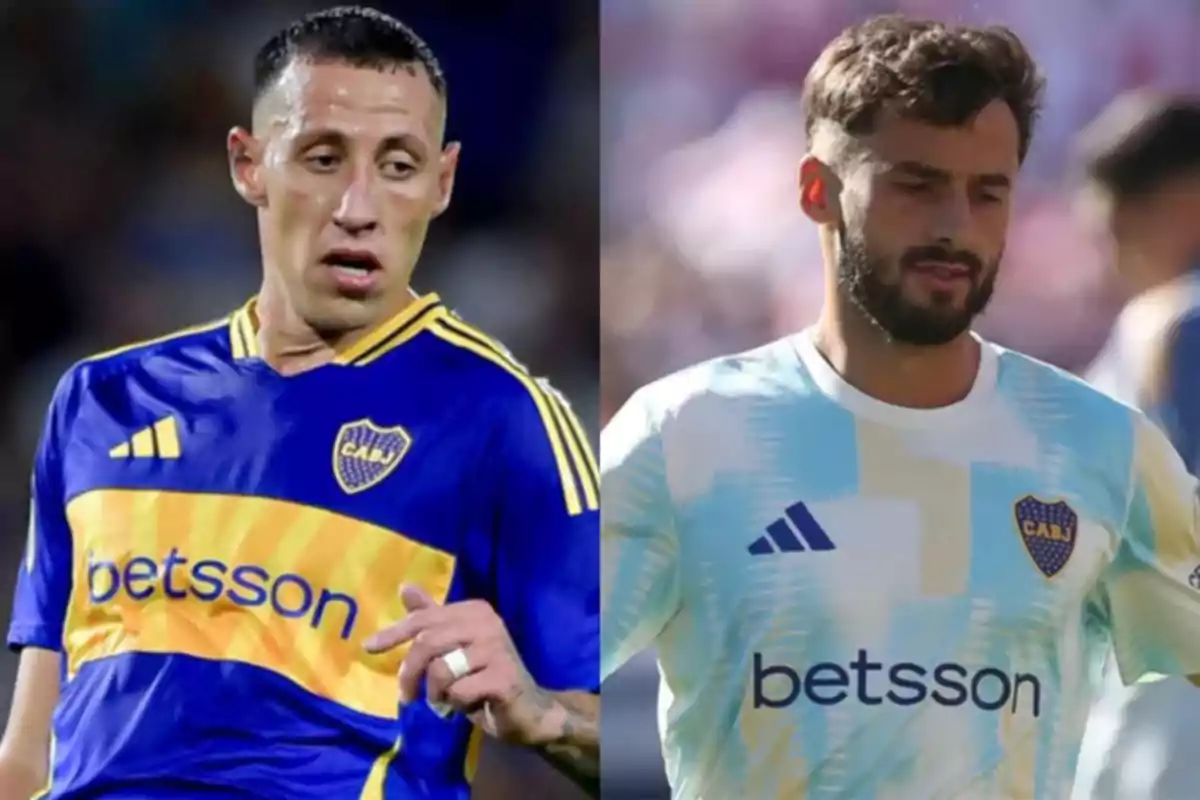 Two Boca Juniors players wearing different uniforms, one with the blue and yellow home jersey and the other with the light-colored away jersey.