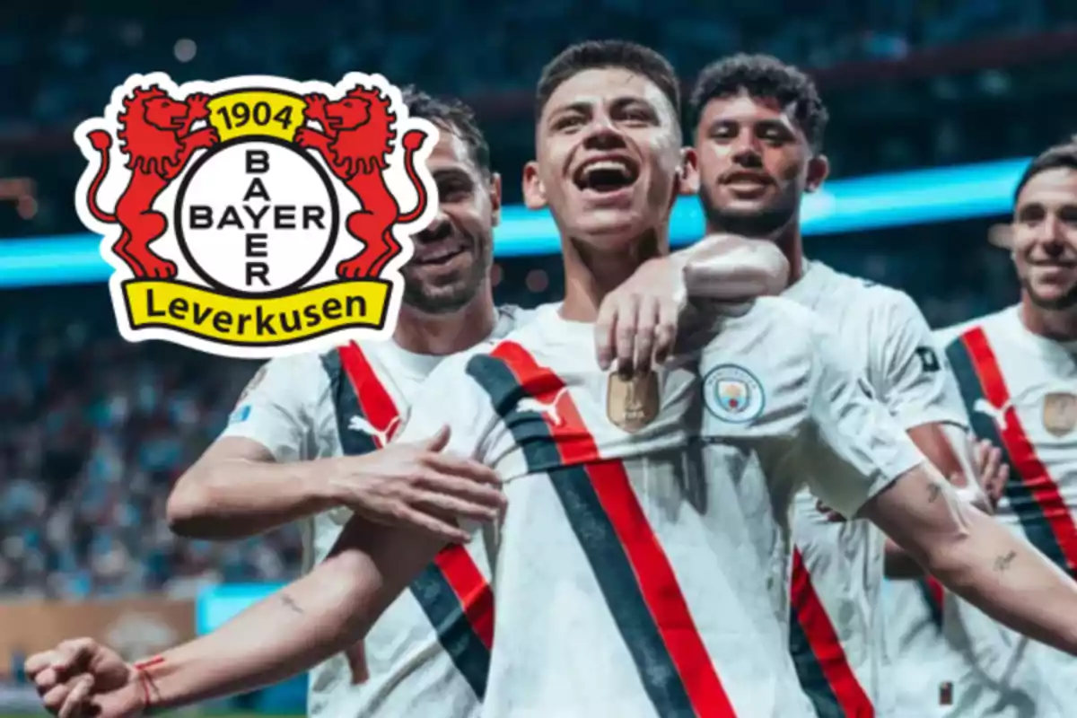 Soccer players celebrating a goal with the Bayer Leverkusen crest superimposed on the image