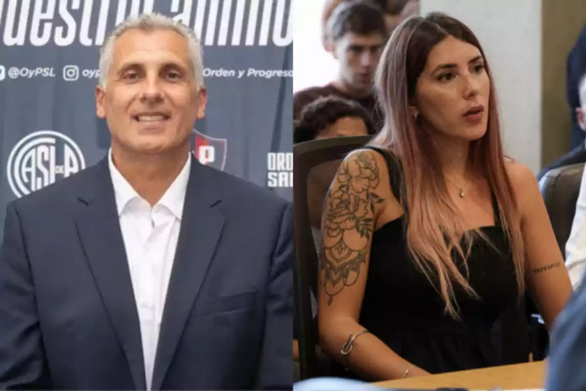 Un hombre de cabello canoso con traje oscuro y camisa blanca sonríe frente a un fondo institucional mientras una mujer de cabello largo y tatuaje en el brazo viste de negro y está sentada en una sala con otras personas al fondo Un hombre de cabello canoso con traje oscuro y camisa blanca sonríe frente a un fondo institucional mientras una mujer de cabello largo y tatuaje en el brazo viste de negro y está sentada en una sala con otras personas al fondo