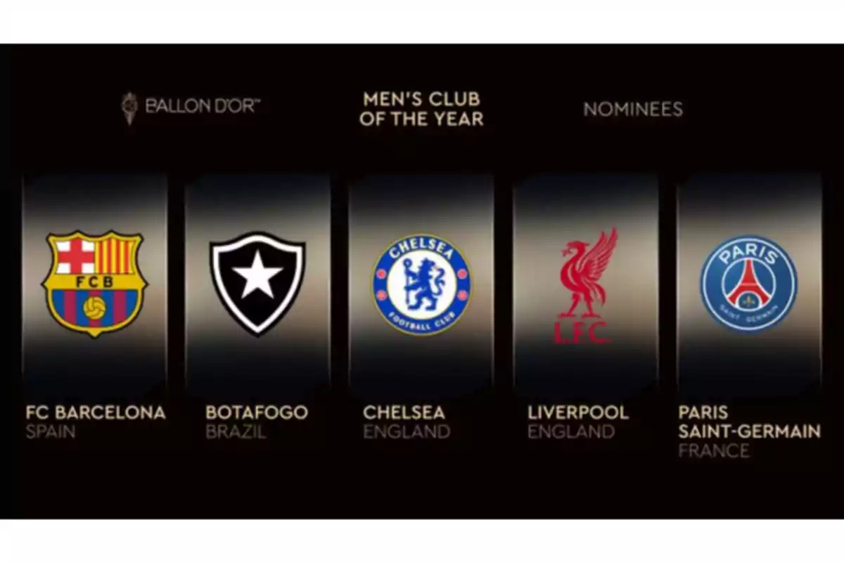 Imagen con los escudos de FC Barcelona, Botafogo, Chelsea, Liverpool y Paris Saint-Germain como nominados al club masculino del año en los premios Ballon d'Or Imagen con los escudos de FC Barcelona, Botafogo, Chelsea, Liverpool y Paris Saint-Germain como nominados al club masculino del año en los premios Ballon d'Or