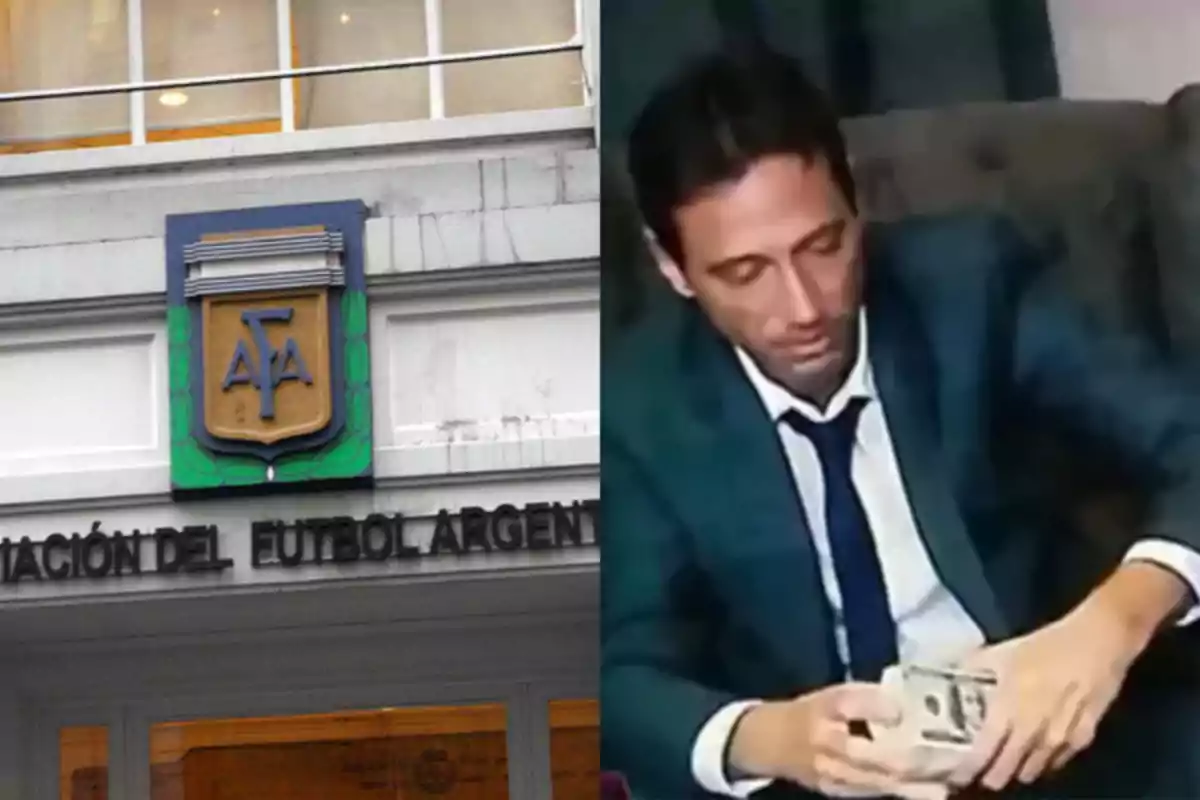Edificio de la Asociación del Fútbol Argentino junto a un hombre de traje contando billetes de dólar
