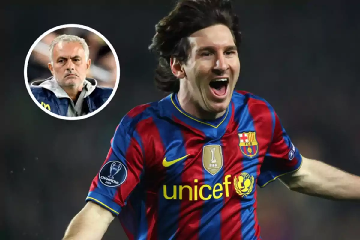 Barcelona player celebrating a goal with an image of a coach in the top left corner