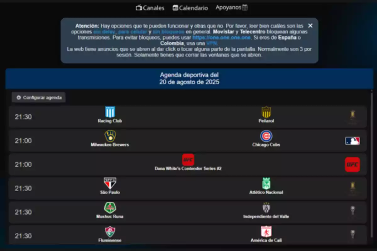 Agenda deportiva del 20 de agosto de 2025 con partidos de fútbol, béisbol y un evento de UFC mostrando equipos como Racing Club, Peñarol, Milwaukee Brewers, Chicago Cubs, São Paulo, Atlético Nacional, Mushuc Runa, Independiente del Valle, Fluminense y América de Cali Agenda deportiva del 20 de agosto de 2025 con partidos de fútbol, béisbol y un evento de UFC mostrando equipos como Racing Club, Peñarol, Milwaukee Brewers, Chicago Cubs, São Paulo, Atlético Nacional, Mushuc Runa, Independiente del Valle, Fluminense y América de Cali