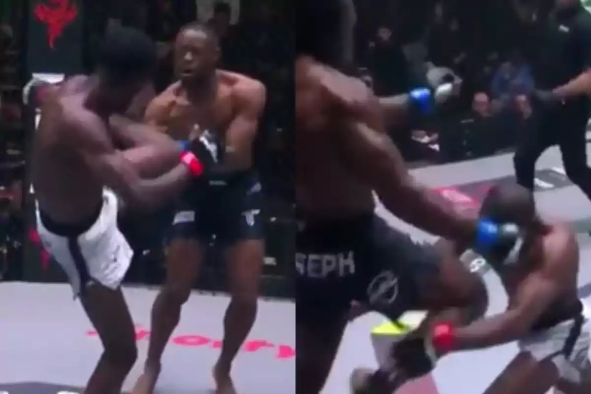 Dos peleadores de artes marciales mixtas en pleno combate dentro de un octágono uno de ellos recibe una patada y cae al suelo mientras el otro permanece de pie