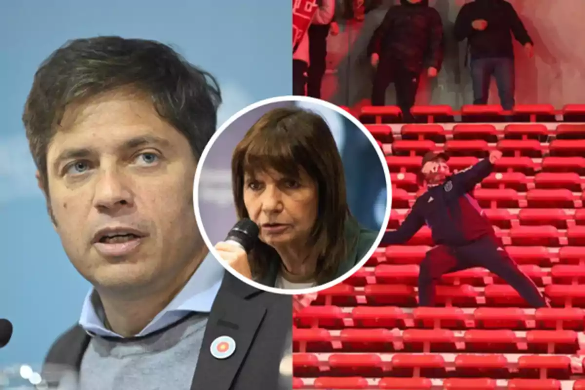 Un hombre hablando en una conferencia, una mujer con micrófono en un círculo superpuesto y una persona arrojando un objeto en una tribuna de estadio con asientos rojos