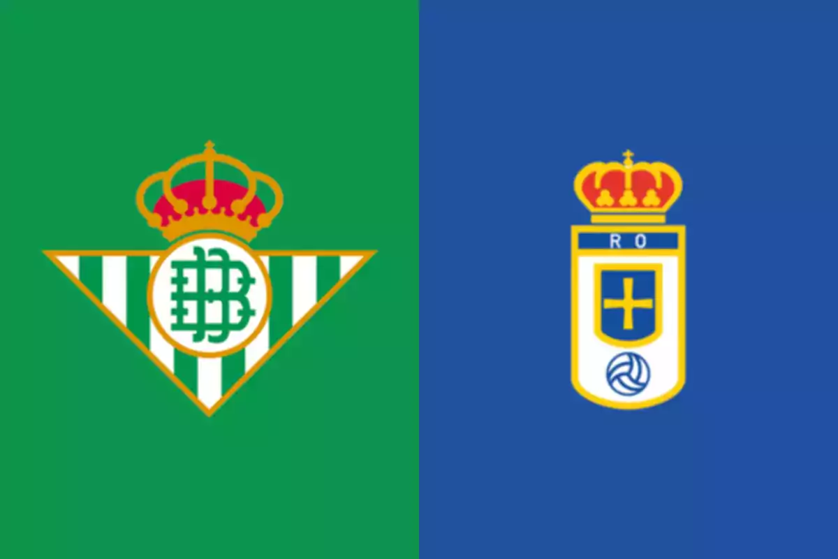 Badges of the football teams Real Betis and Real Oviedo on green and blue backgrounds, respectively Badges of the football teams Real Betis and Real Oviedo on green and blue backgrounds, respectively