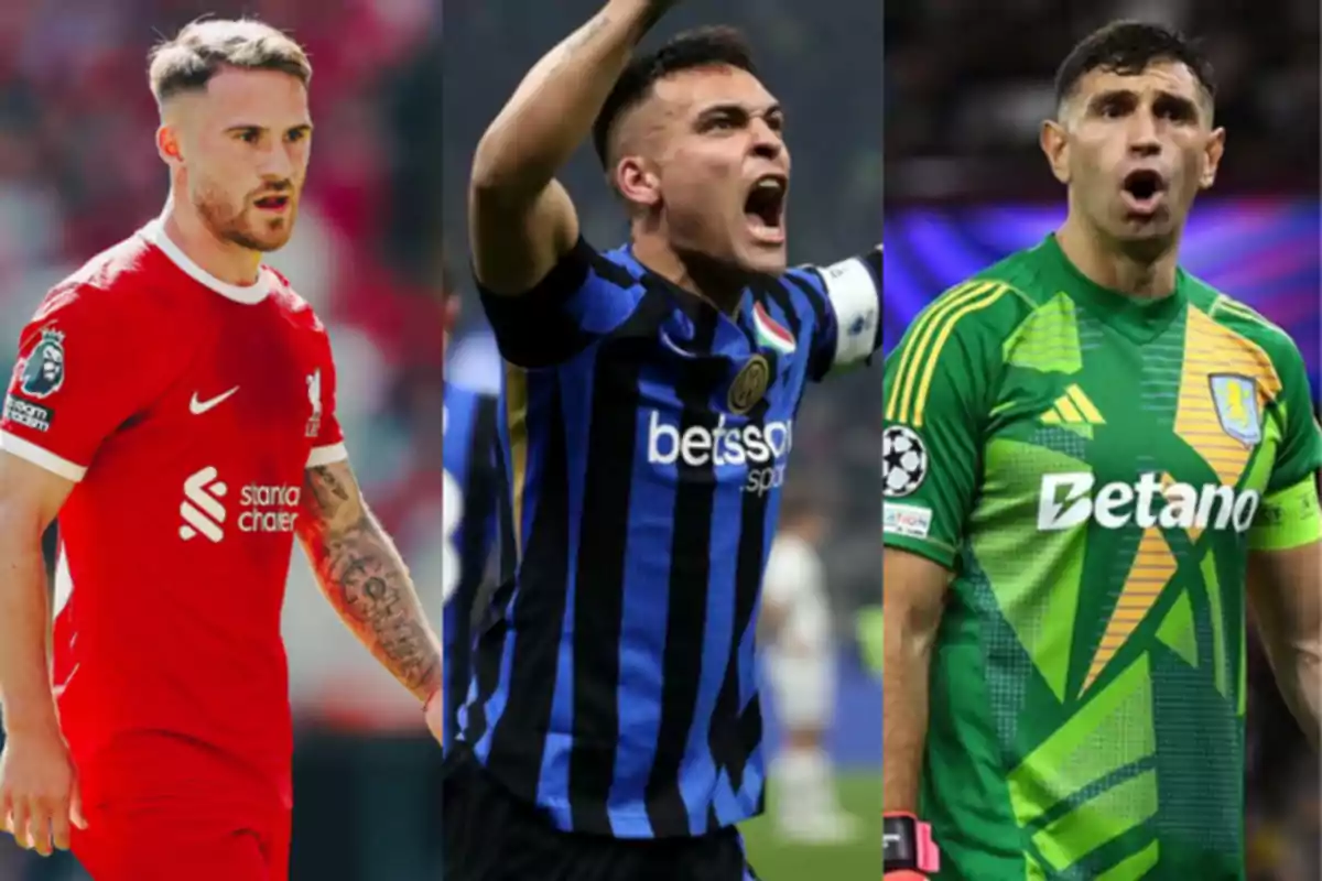 Tres futbolistas argentinos con uniformes de Liverpool, Inter de Milán y Aston Villa Tres futbolistas argentinos con uniformes de Liverpool, Inter de Milán y Aston Villa