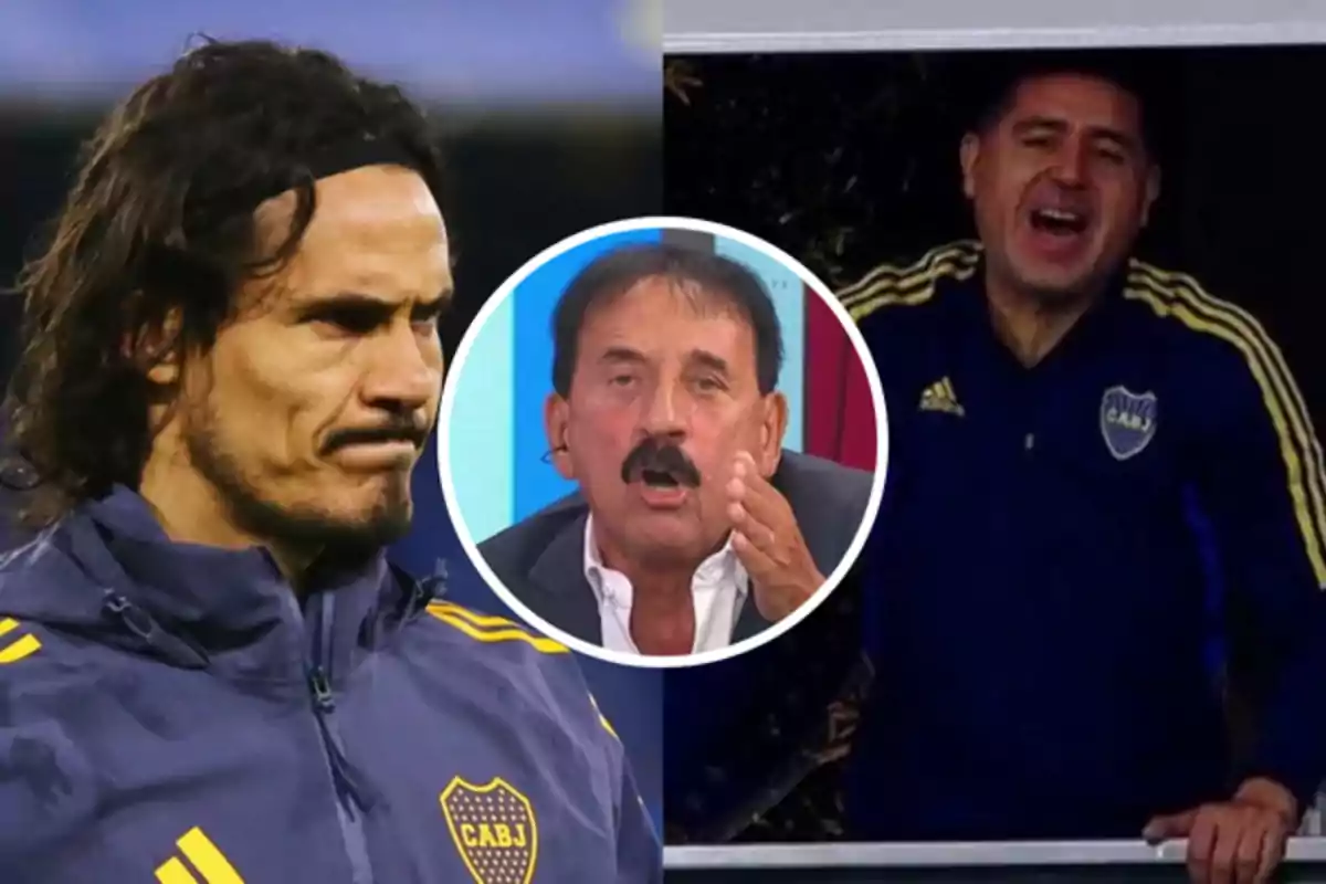 Three men connected to Boca Juniors appear in the image: one with a serious expression, another speaking on a television show, and the third cheering from the stands, all wearing the club’s clothing.