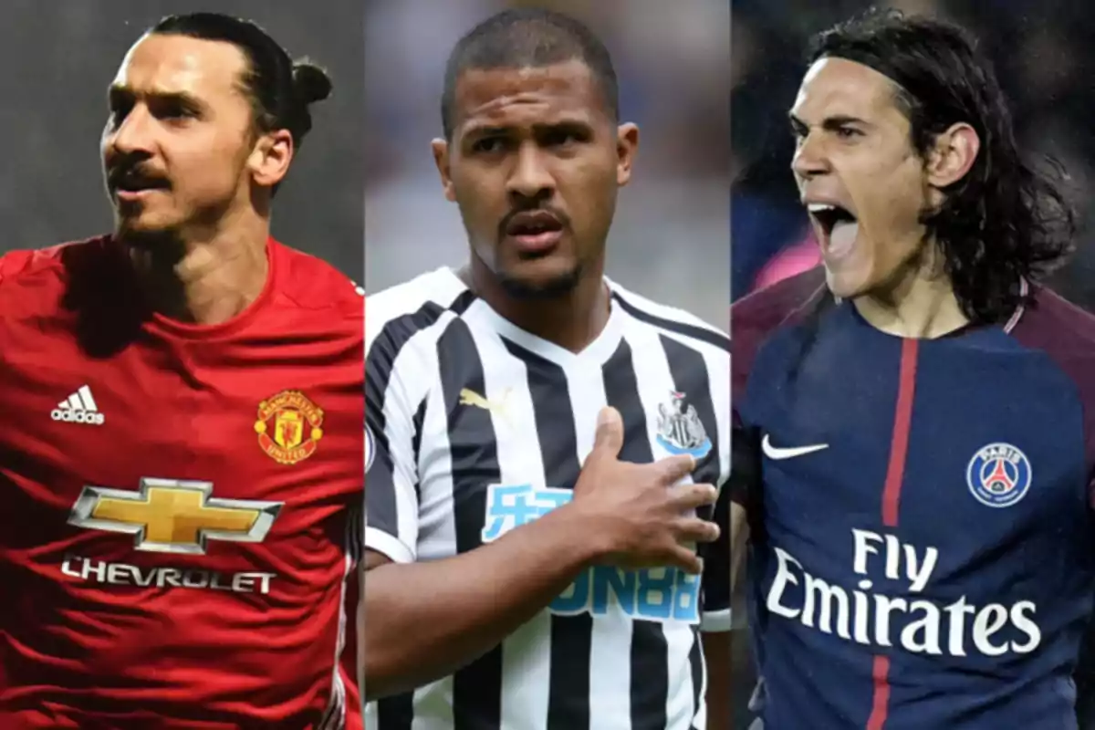 Tres futbolistas con uniformes de Manchester United, Newcastle United y Paris Saint-Germain Tres futbolistas con uniformes de Manchester United, Newcastle United y Paris Saint-Germain