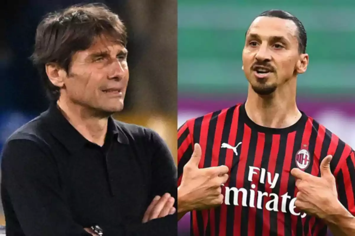 Dos hombres, uno con camisa negra y otro con camiseta de fútbol del AC Milan, aparecen en una imagen dividida en dos partes