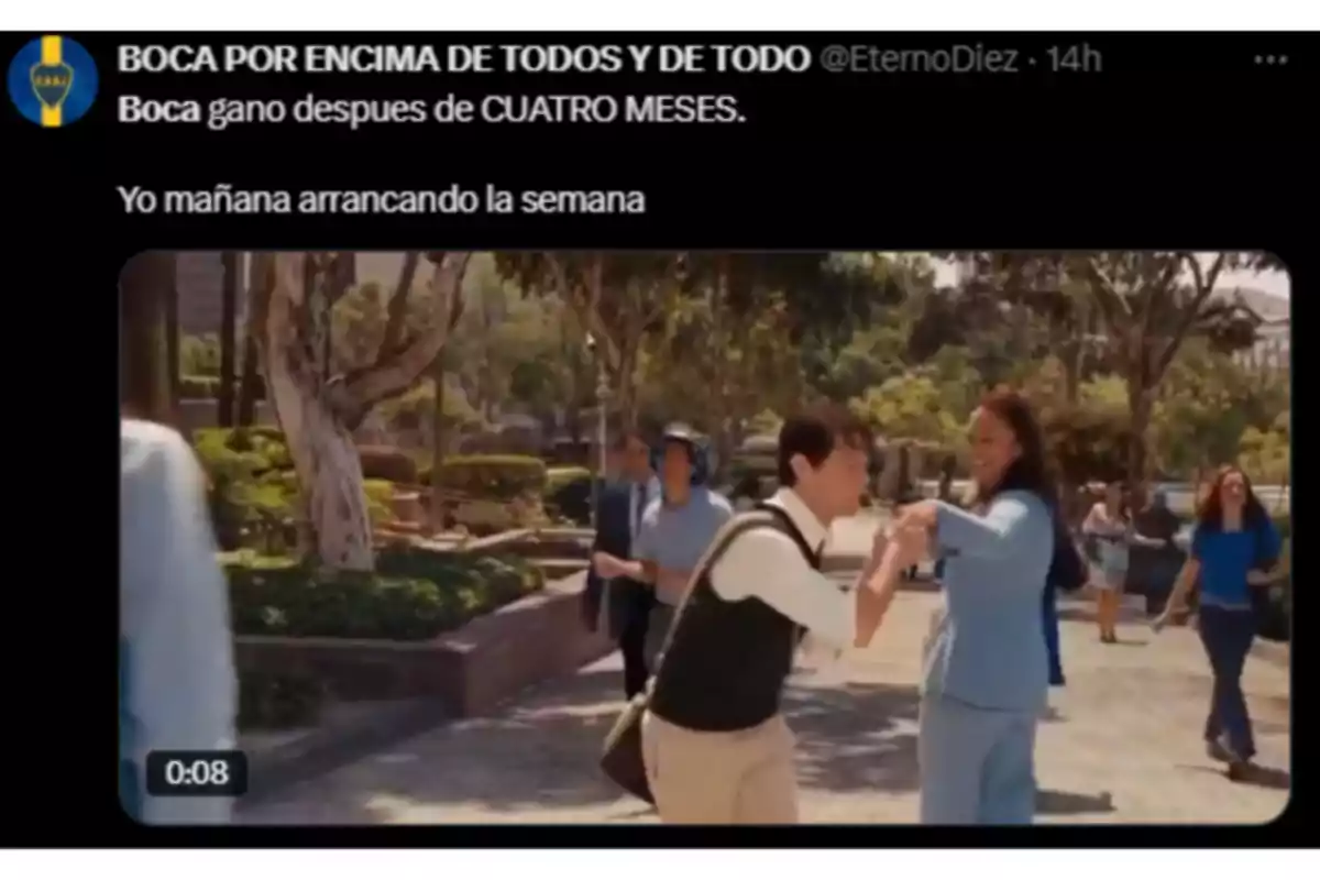 Social media post celebrating Boca Juniors' victory after four months, accompanied by a joyful scene of people dancing in the street Social media post celebrating Boca Juniors' victory after four months, accompanied by a joyful scene of people dancing in the street