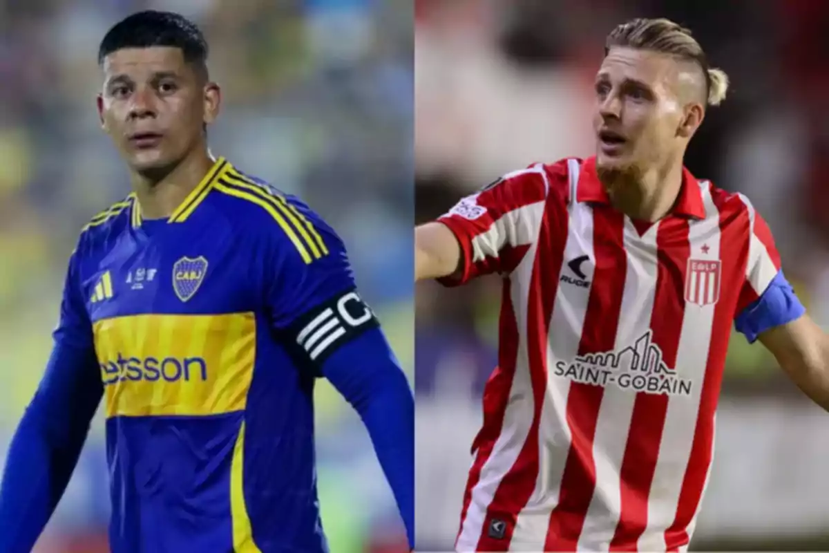 Dos futbolistas con uniforme de Boca Juniors y Estudiantes de La Plata en el campo de juego