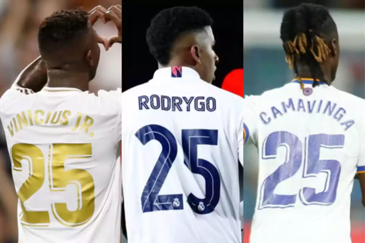 Three Real Madrid players seen from behind wearing the number 25 on their jerseys, with the names Vinicius Jr, Rodrygo, and Camavinga. Three Real Madrid players seen from behind wearing the number 25 on their jerseys, with the names Vinicius Jr, Rodrygo, and Camavinga.