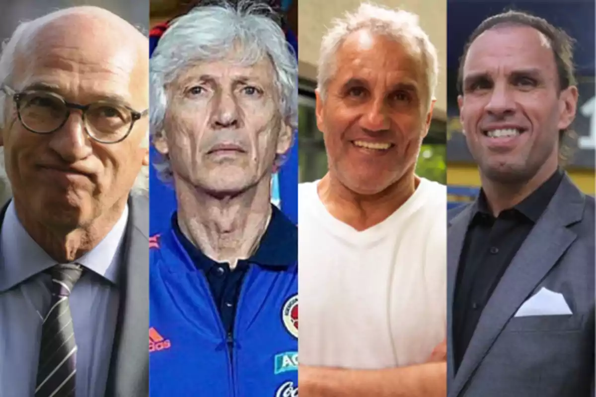 Cuatro hombres de mediana y avanzada edad posan en diferentes escenarios, dos de ellos visten traje, uno lleva ropa deportiva y otro viste una camiseta blanca casual Cuatro hombres de mediana y avanzada edad posan en diferentes escenarios, dos de ellos visten traje, uno lleva ropa deportiva y otro viste una camiseta blanca casual