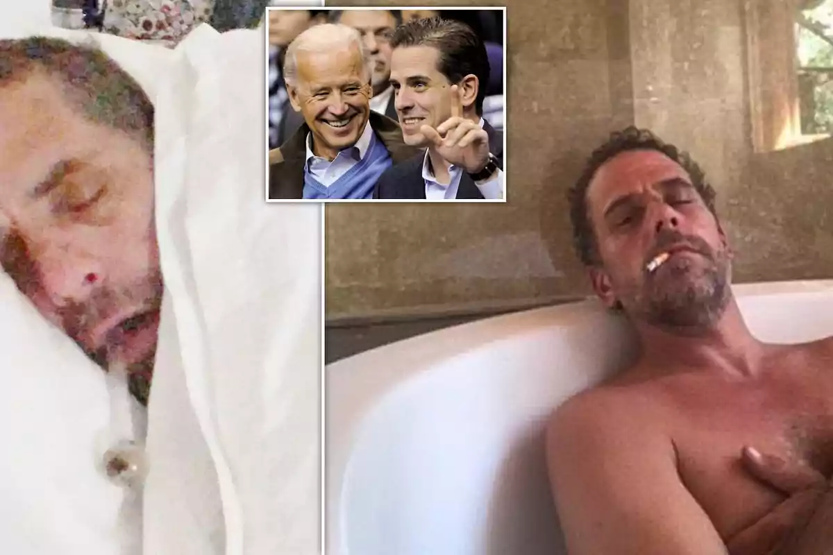 Man lying on a bed covered with a white sheet, another image shows the same man in a bathtub smoking, and in the upper corner there is a photo of two people talking and smiling.