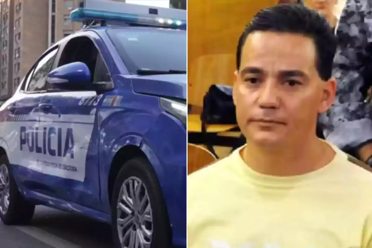 A blue police car parked on the street next to the image of a man with short hair and a serious expression in an indoor location.