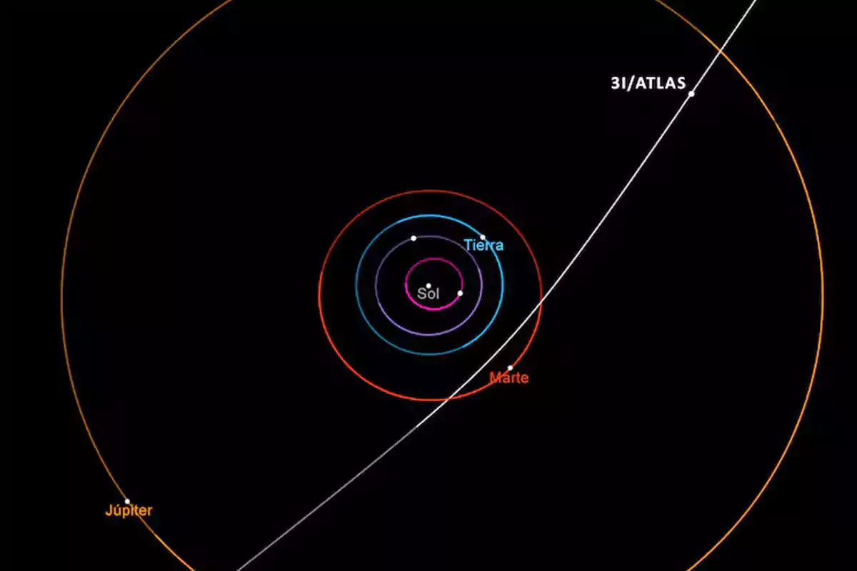 Órbitas del Sol, la Tierra, Marte y Júpiter con la trayectoria del cometa 31/ATLAS cruzando el sistema solar.