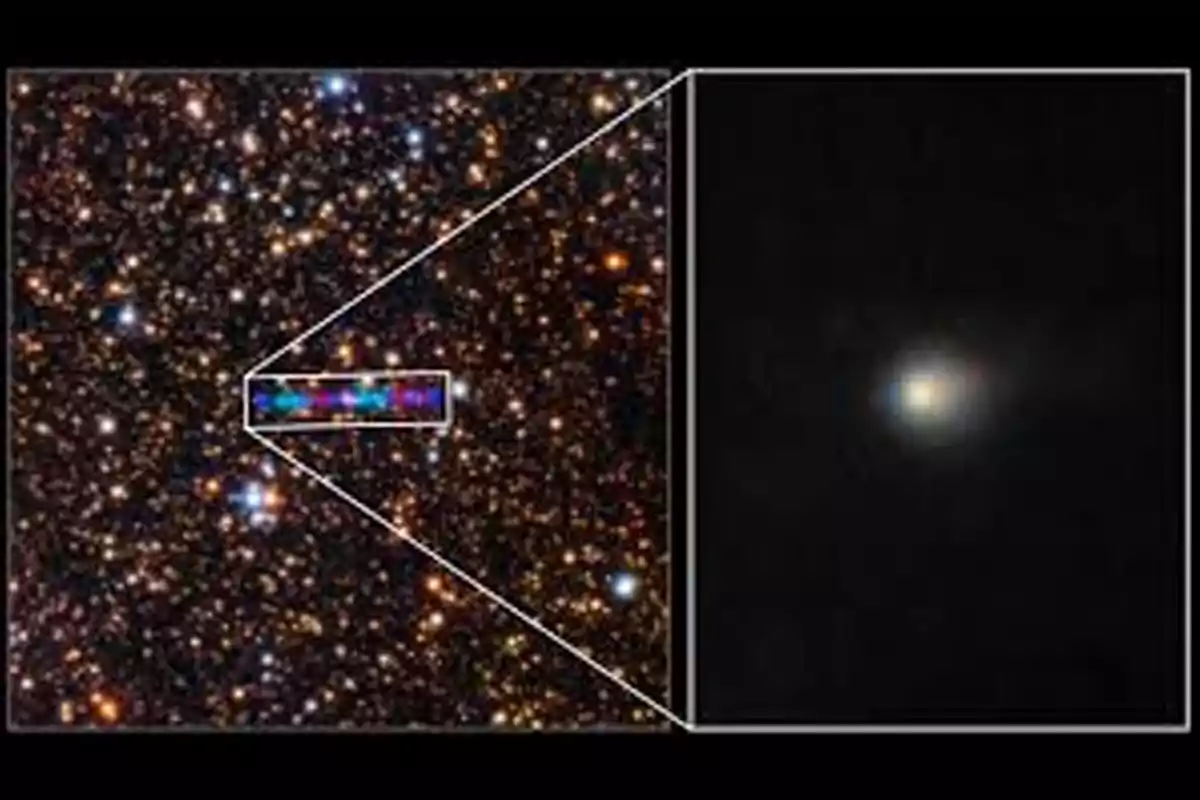 Imagen de un campo estelar con un recuadro que amplía una región específica mostrando una galaxia enana esferoidal aislada