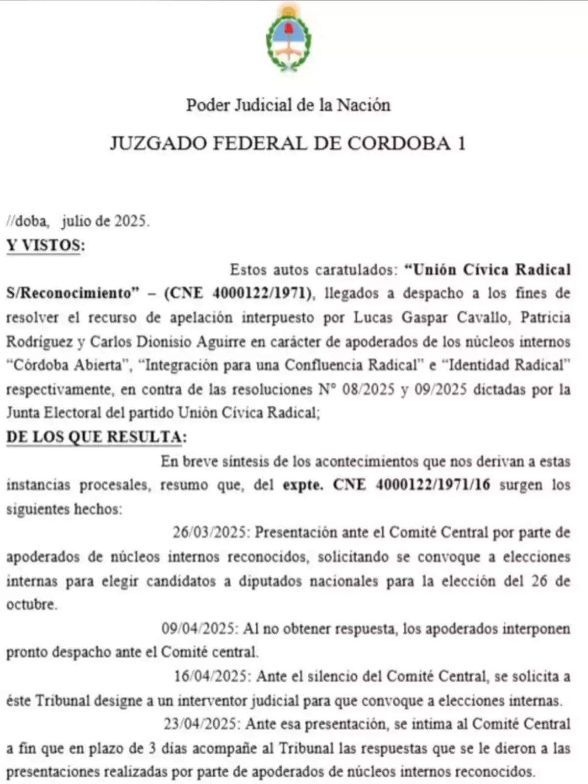 Official document from Federal Court No. 1 of Córdoba of the National Judiciary dated July 2025 detailing a case related to the Radical Civic Union and the request for internal elections, including a summary of the facts and judicial rulings. Official document from Federal Court No. 1 of Córdoba of the National Judiciary dated July 2025 detailing a case related to the Radical Civic Union and the request for internal elections, including a summary of the facts and judicial rulings.