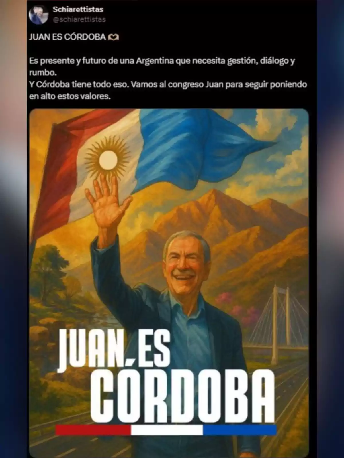 Hombre mayor sonriente levantando la mano frente a un paisaje de montañas y un puente, con una bandera argentina ondeando detrás y el texto Juan es Córdoba en letras grandes