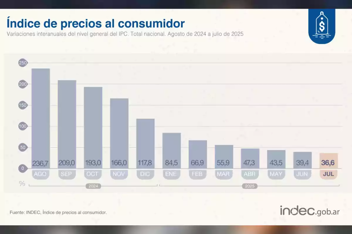 Bar chart showing the decrease in the consumer price index in Argentina from August 2024 to July 2025, with values ranging from 236.7% in August 2024 to 36.6% in July 2025. Bar chart showing the decrease in the consumer price index in Argentina from August 2024 to July 2025, with values ranging from 236.7% in August 2024 to 36.6% in July 2025.