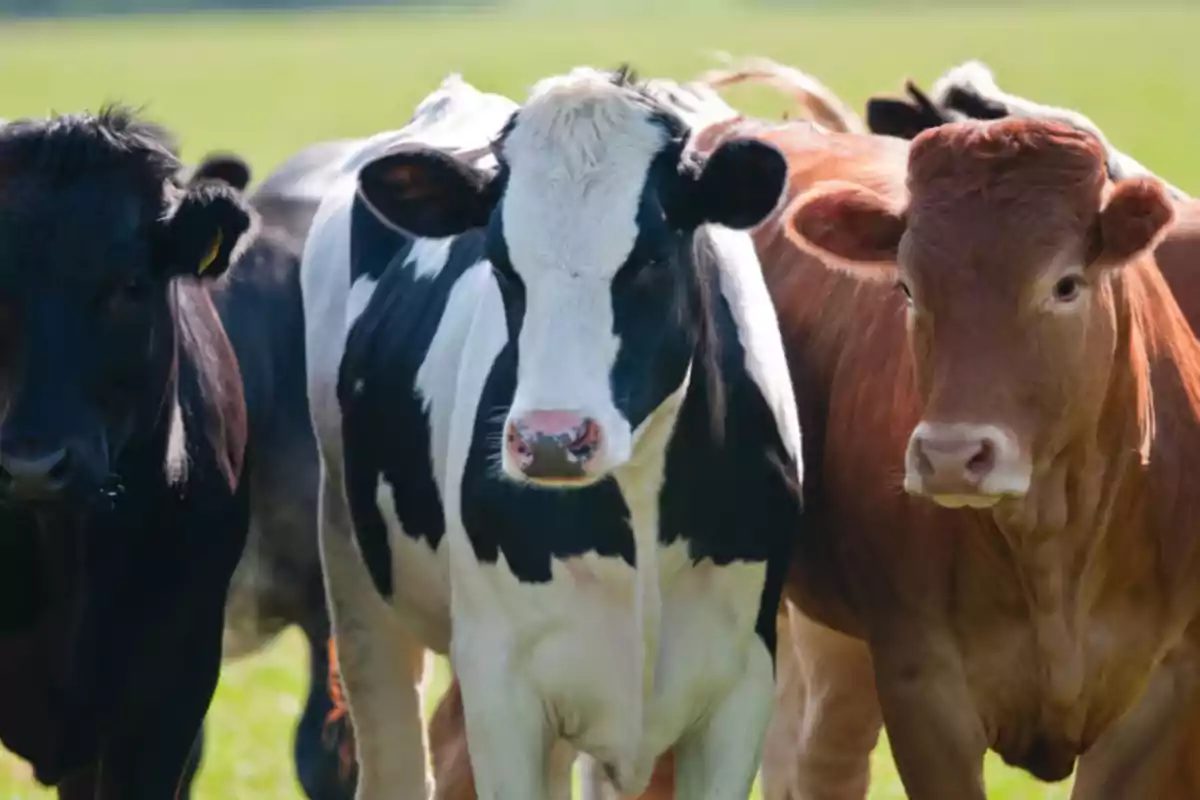 Cows of different colors standing in a green field Cows of different colors standing in a green field