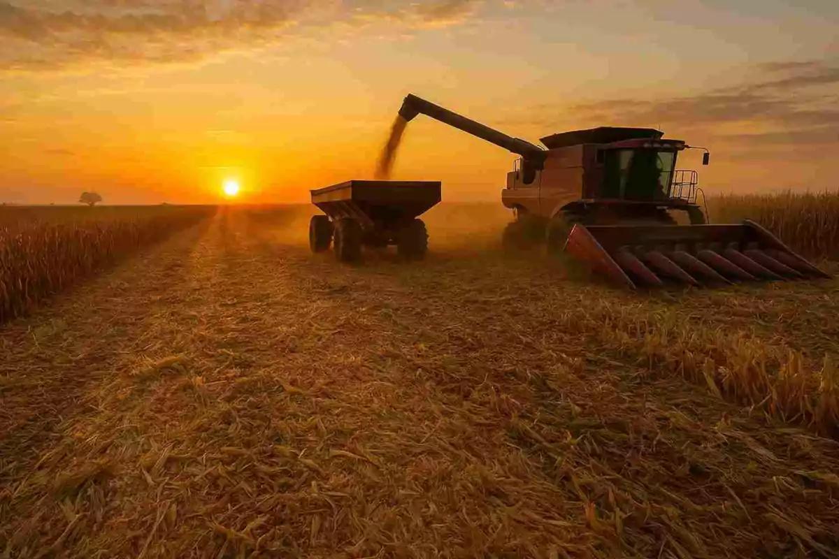 Harvester unloading corn into a trailer in a field at sunset
