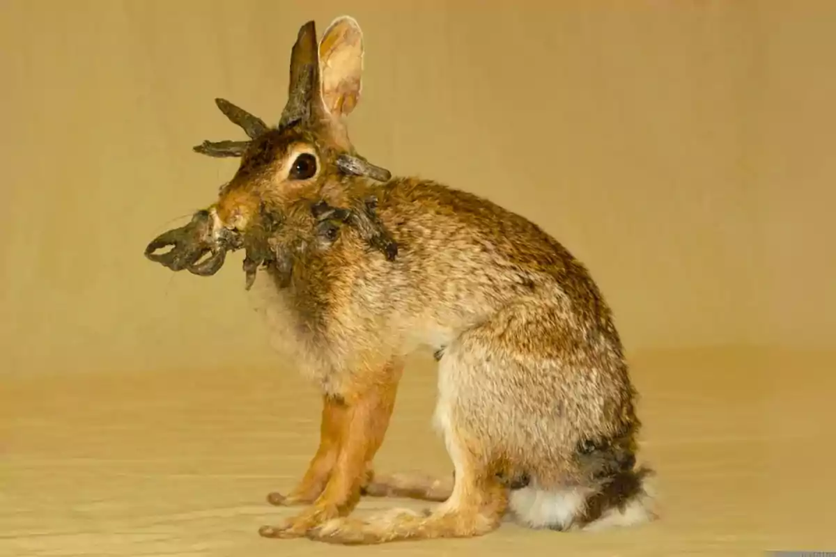A rabbit with dark, rough bumps on its head and face against a beige background. A rabbit with dark, rough bumps on its head and face against a beige background.
