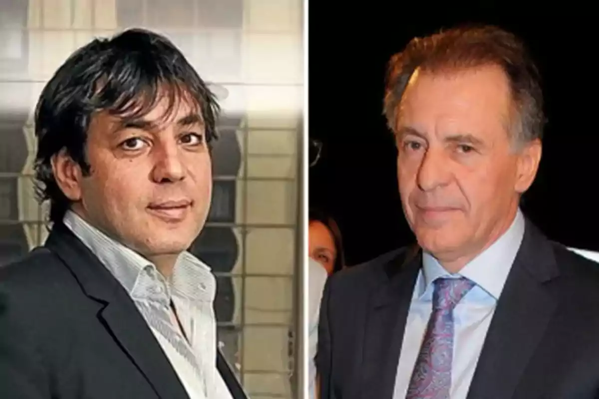 Two men dressed in suits pose in different settings, one with a light background and the other with a dark background. Two men dressed in suits pose in different settings, one with a light background and the other with a dark background.