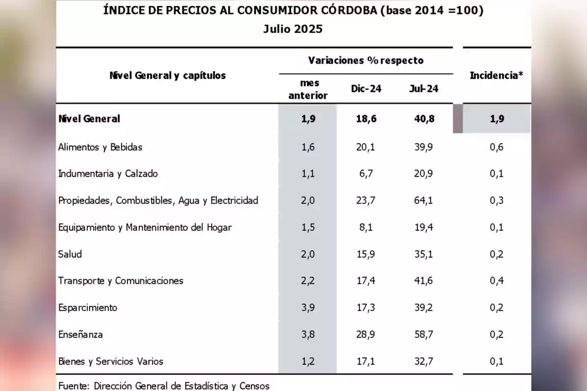 Table showing the consumer price index in Córdoba for July 2025 with percentage changes compared to previous months and the impact of different categories such as food, clothing, property, health, transportation, recreation, education, and various goods. Table showing the consumer price index in Córdoba for July 2025 with percentage changes compared to previous months and the impact of different categories such as food, clothing, property, health, transportation, recreation, education, and various goods.