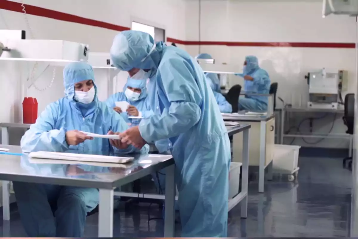 People working in a laboratory wearing blue protective suits and masks while handling materials on stainless steel tables People working in a laboratory wearing blue protective suits and masks while handling materials on stainless steel tables
