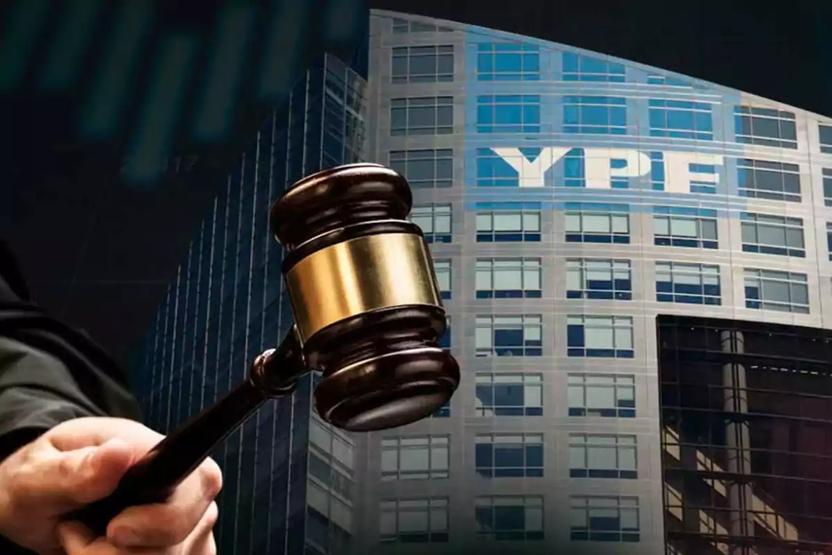 A judge’s gavel held by a hand in front of a modern building with the YPF logo at the top A judge’s gavel held by a hand in front of a modern building with the YPF logo at the top