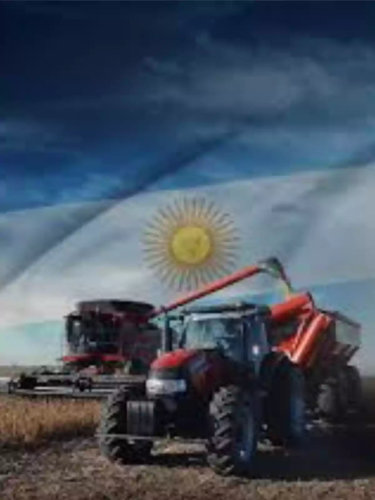 Tractor and harvester working in a field with the Argentine flag in the background Tractor and harvester working in a field with the Argentine flag in the background