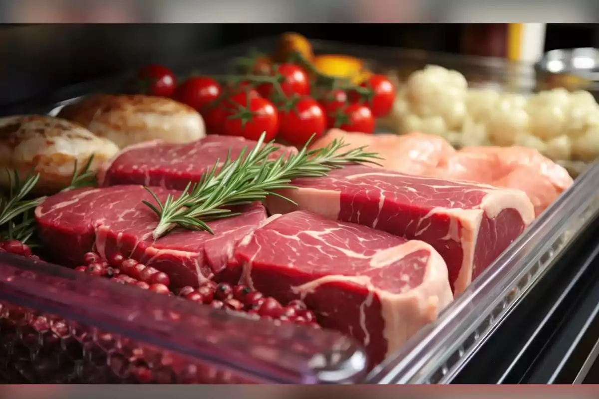 Tray with cuts of raw meat, sprigs of rosemary, cherry tomatoes, mushrooms, and cauliflower Tray with cuts of raw meat, sprigs of rosemary, cherry tomatoes, mushrooms, and cauliflower