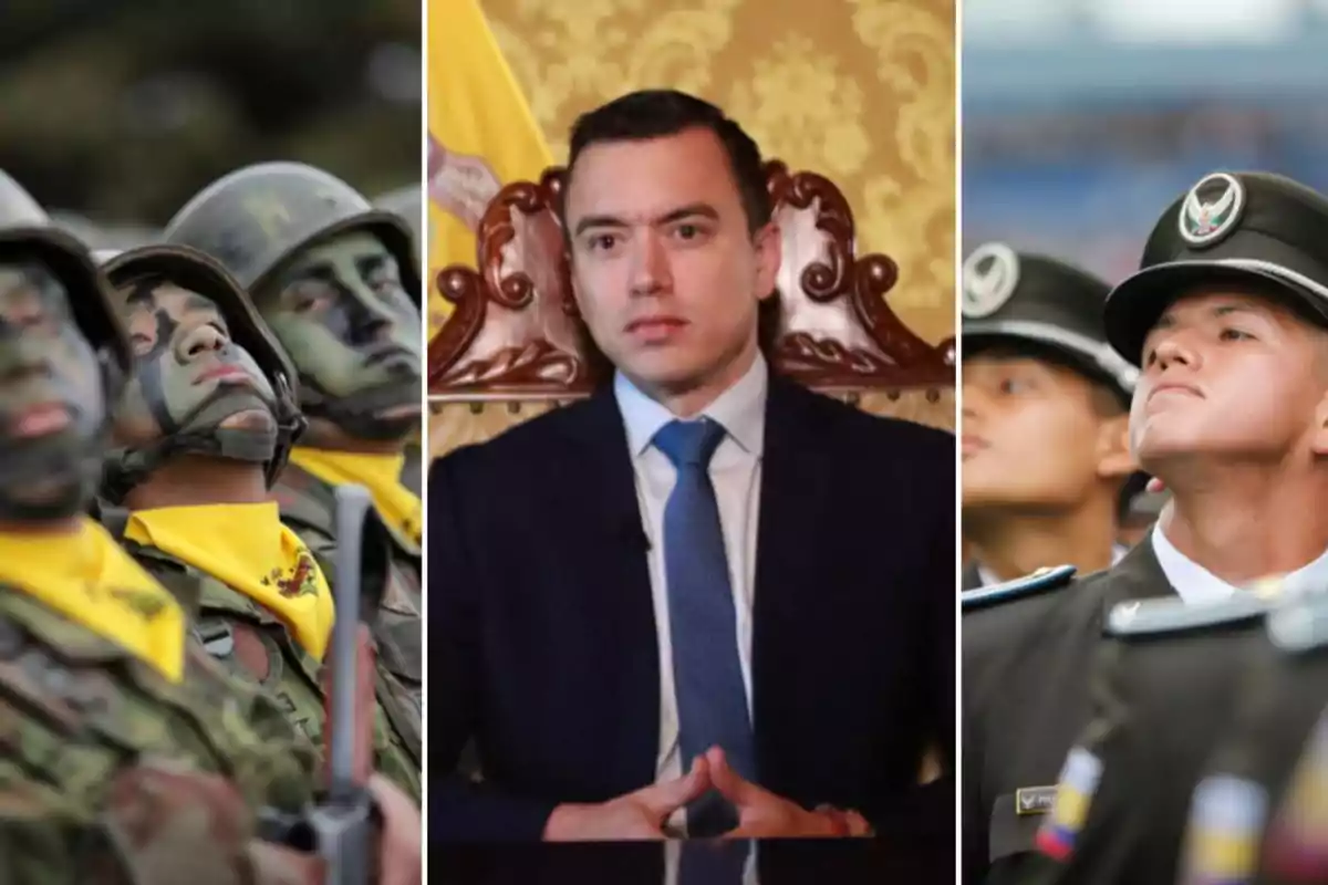 Militares con el rostro pintado a la izquierda, un hombre de traje en el centro y policías uniformados a la derecha