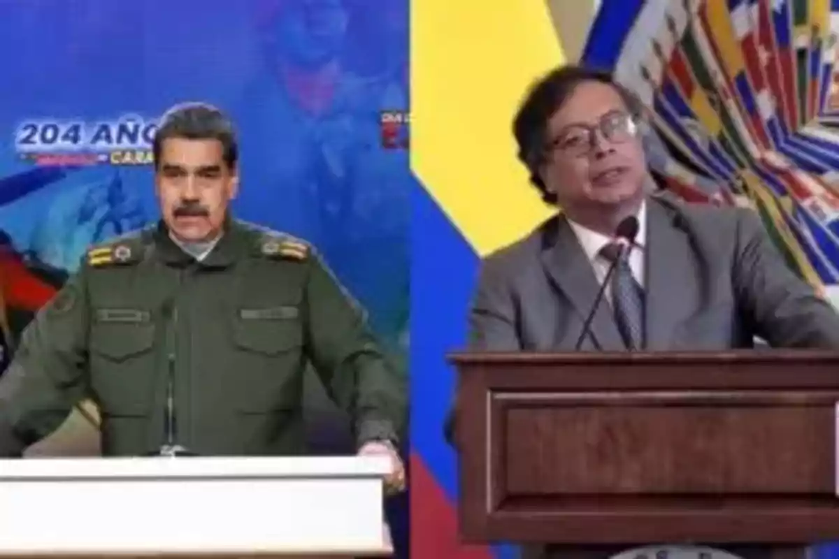 Two men giving speeches at podiums, one in a military uniform and the other in a suit and tie, each standing in front of colorful backgrounds with flags. Two men giving speeches at podiums, one in a military uniform and the other in a suit and tie, each standing in front of colorful backgrounds with flags.