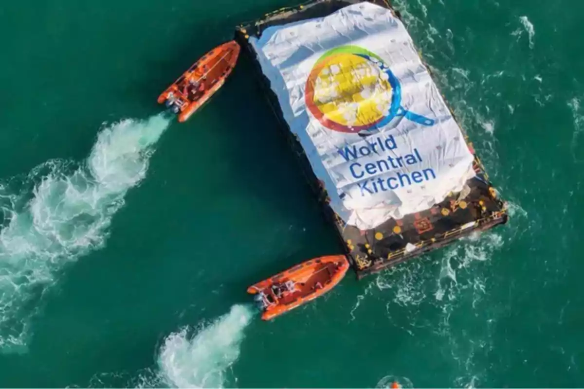 Aerial view of a raft covered with a World Central Kitchen tarp being towed by two orange boats over the turquoise sea Aerial view of a raft covered with a World Central Kitchen tarp being towed by two orange boats over the turquoise sea
