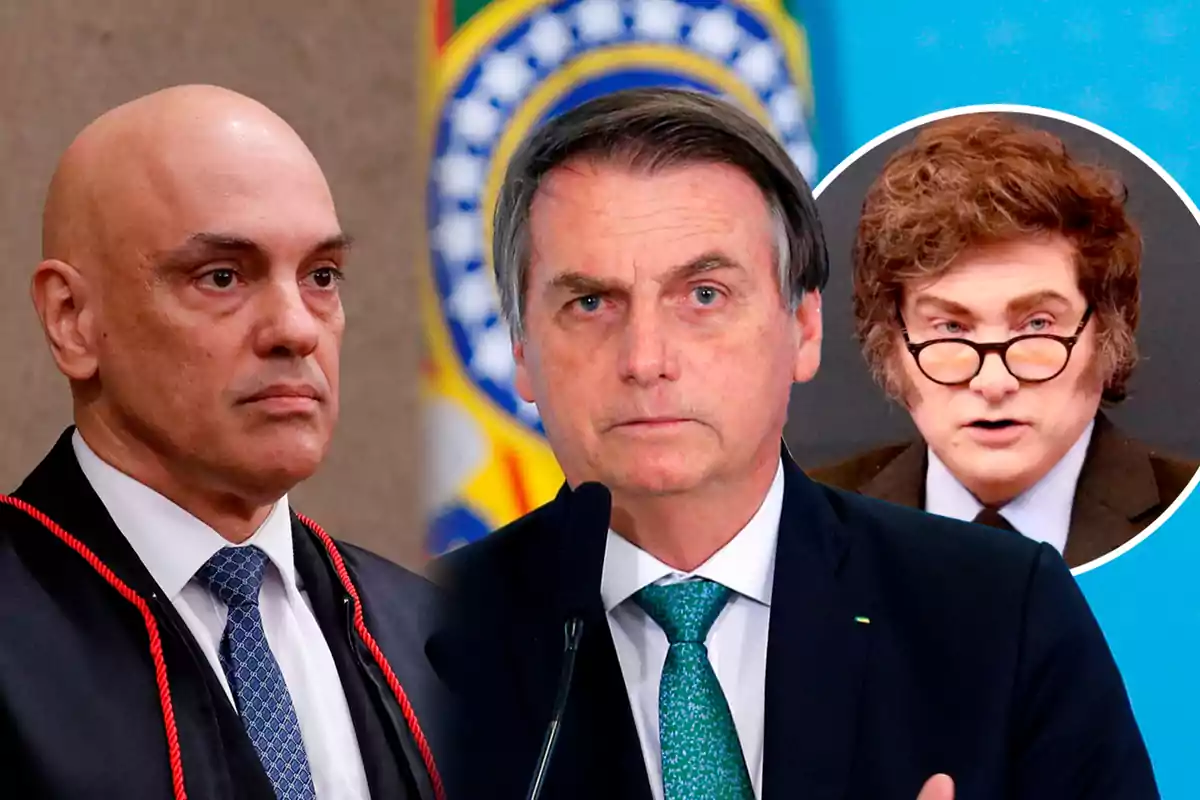 Three men with serious expressions, one of them speaking in front of a microphone, with a Brazilian flag in the background and a circular frame showing another man wearing glasses.
