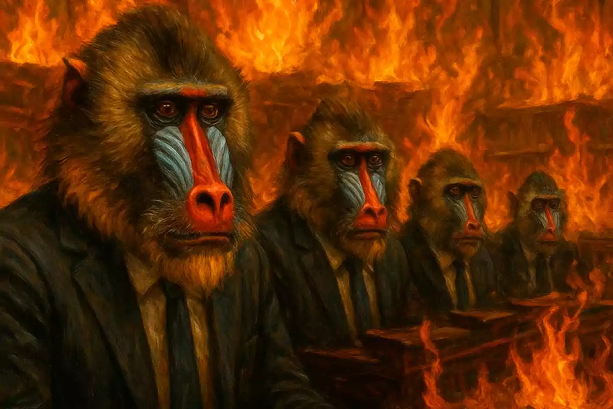 Four mandrills dressed in formal suits are sitting at desks while an intense fire burns around them.
