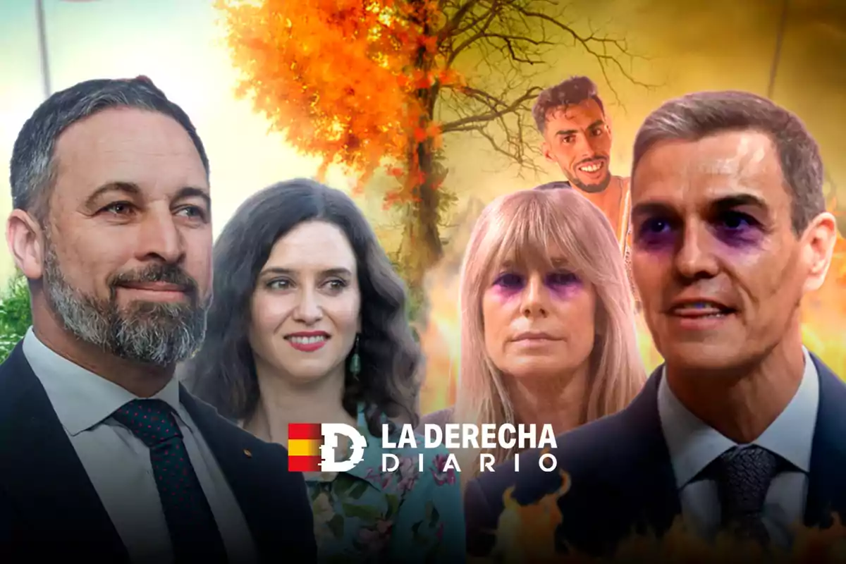 Varias personas en primer plano con expresiones serias, dos de ellas con ojeras moradas, fondo de un árbol en llamas y un hombre sonriente al fondo, junto al logo de La Derecha Diario.