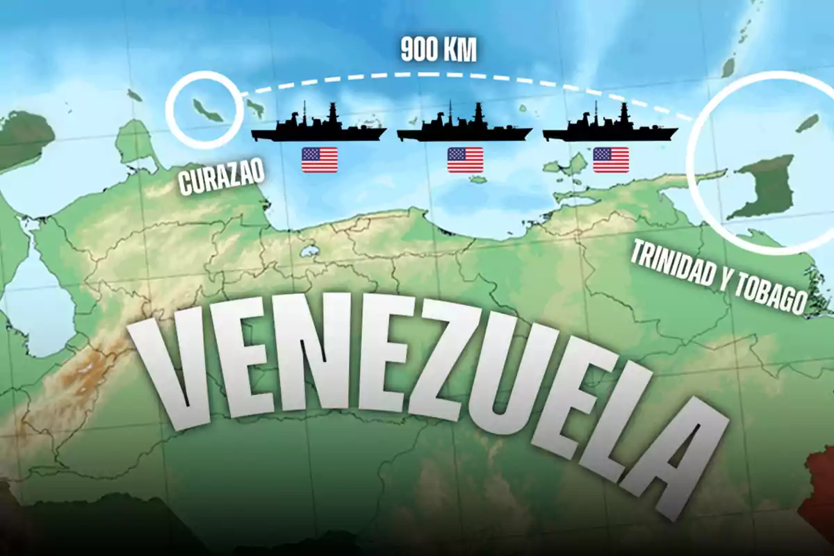 Mapa de Venezuela con barcos de guerra estadounidenses entre Curazao y Trinidad y Tobago mostrando una distancia de 900 kilómetros