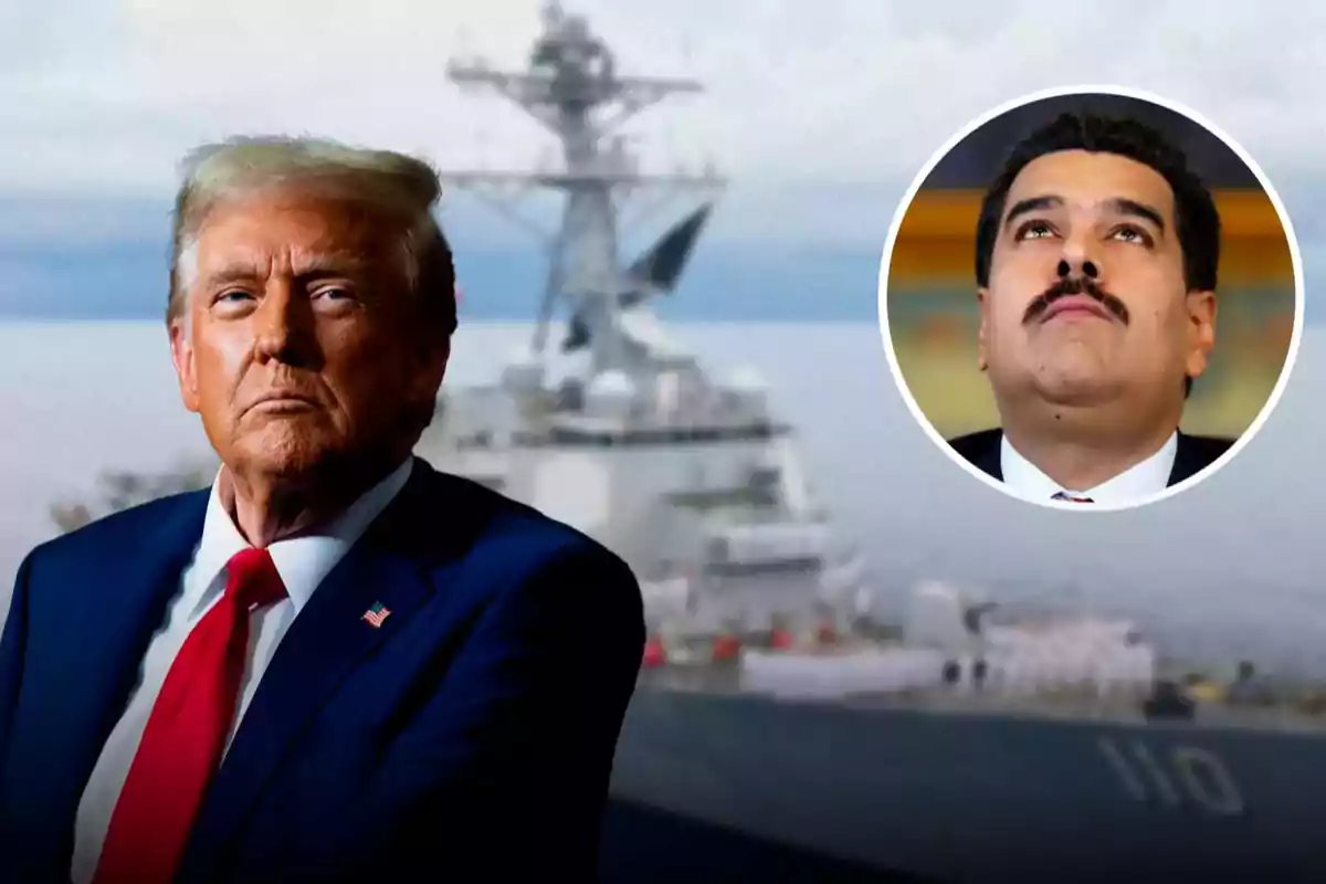 A blond-haired man in a dark suit with a red tie is at the front of a warship, while in the upper right corner the face of another man with a mustache appears inside a circle.