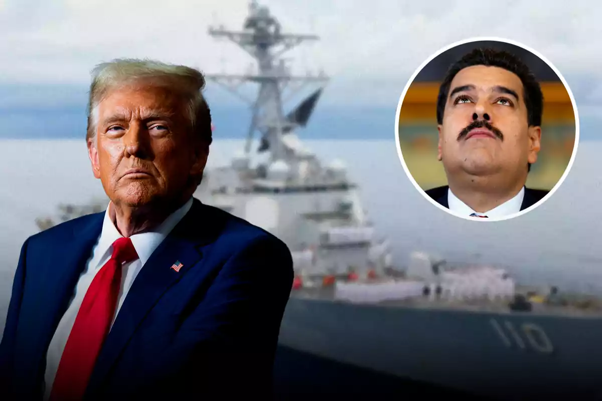 A man in a suit with a red tie at the front of a warship and a circular portrait of another man in the upper right corner