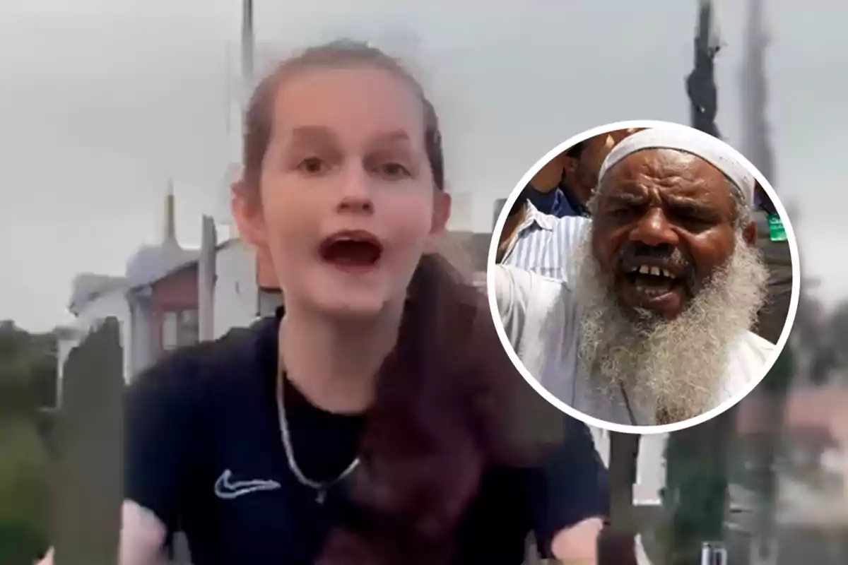 Una joven con camiseta oscura aparece en primer plano mientras en la esquina superior derecha se muestra el rostro de un hombre mayor con barba blanca y expresión seria dentro de un círculo superpuesto