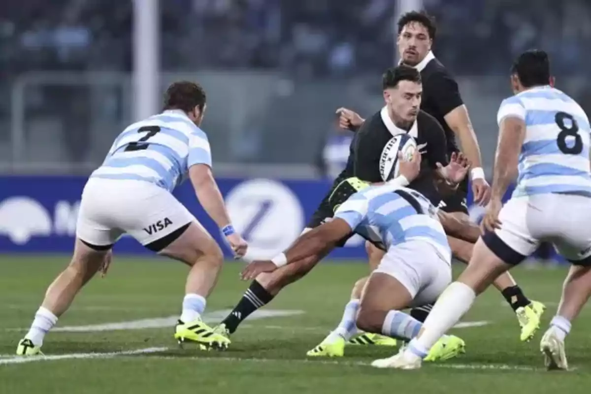 Jugadores de rugby de dos equipos diferentes compiten por el balón durante un partido en el campo Jugadores de rugby de dos equipos diferentes compiten por el balón durante un partido en el campo