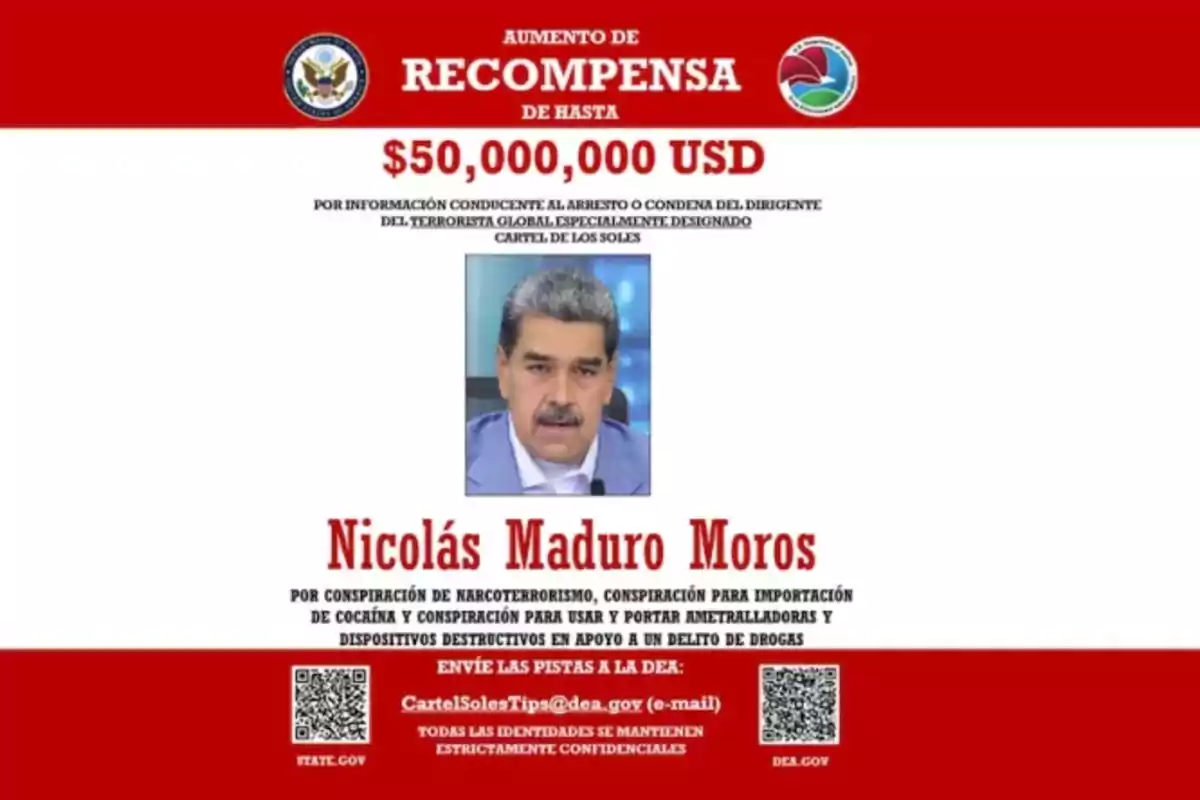 Spanish-language reward poster offering 50 million dollars for information about Nicolás Maduro Moros, with his photo in the center and contact details to send tips to the DEA