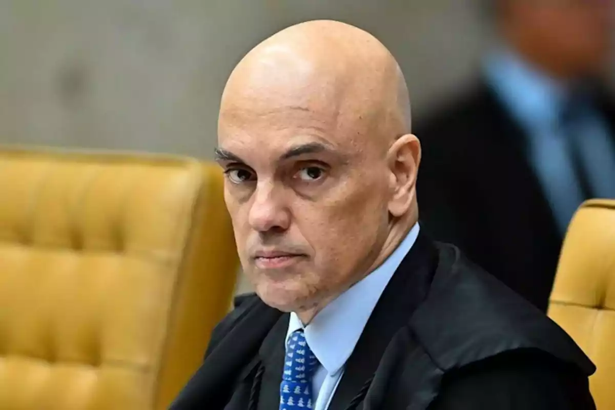 Bald man in a suit and blue tie sitting on a yellow chair looking at the camera Bald man in a suit and blue tie sitting on a yellow chair looking at the camera