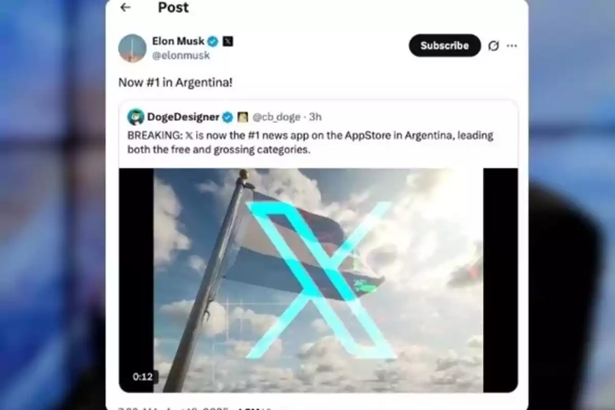 Captura de pantalla de una publicación de Elon Musk celebrando que la aplicación X es la número uno en Argentina, acompañada de una imagen de la bandera argentina con el logo de X superpuesto. Captura de pantalla de una publicación de Elon Musk celebrando que la aplicación X es la número uno en Argentina, acompañada de una imagen de la bandera argentina con el logo de X superpuesto.