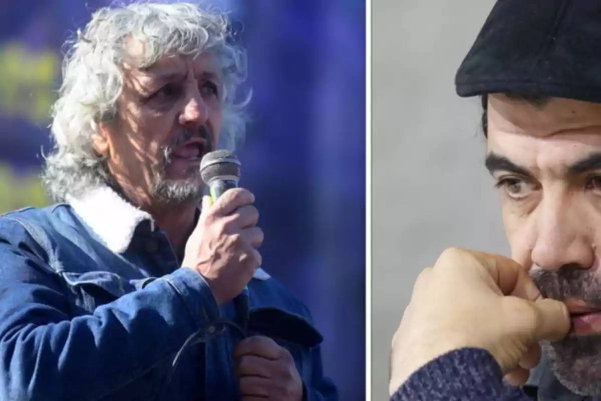 A gray-haired man in a denim jacket speaks into a microphone while another man in a black beret appears thoughtful, resting his face on his hand. A gray-haired man in a denim jacket speaks into a microphone while another man in a black beret appears thoughtful, resting his face on his hand.